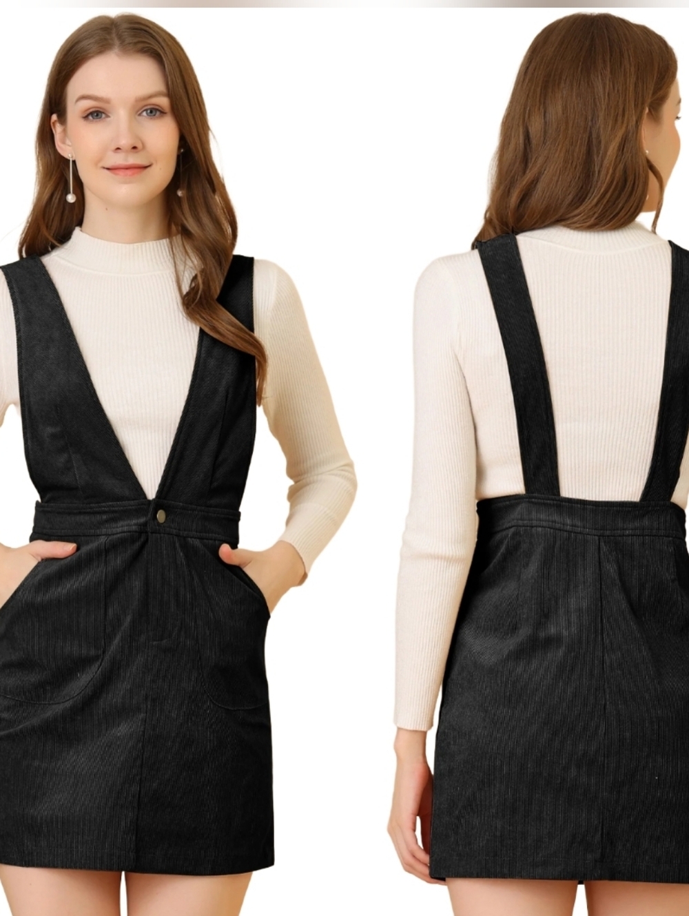 Allegra K. Corduroy V Neck A-Line Bib Overall Pinafore Jumper Dress Size XS